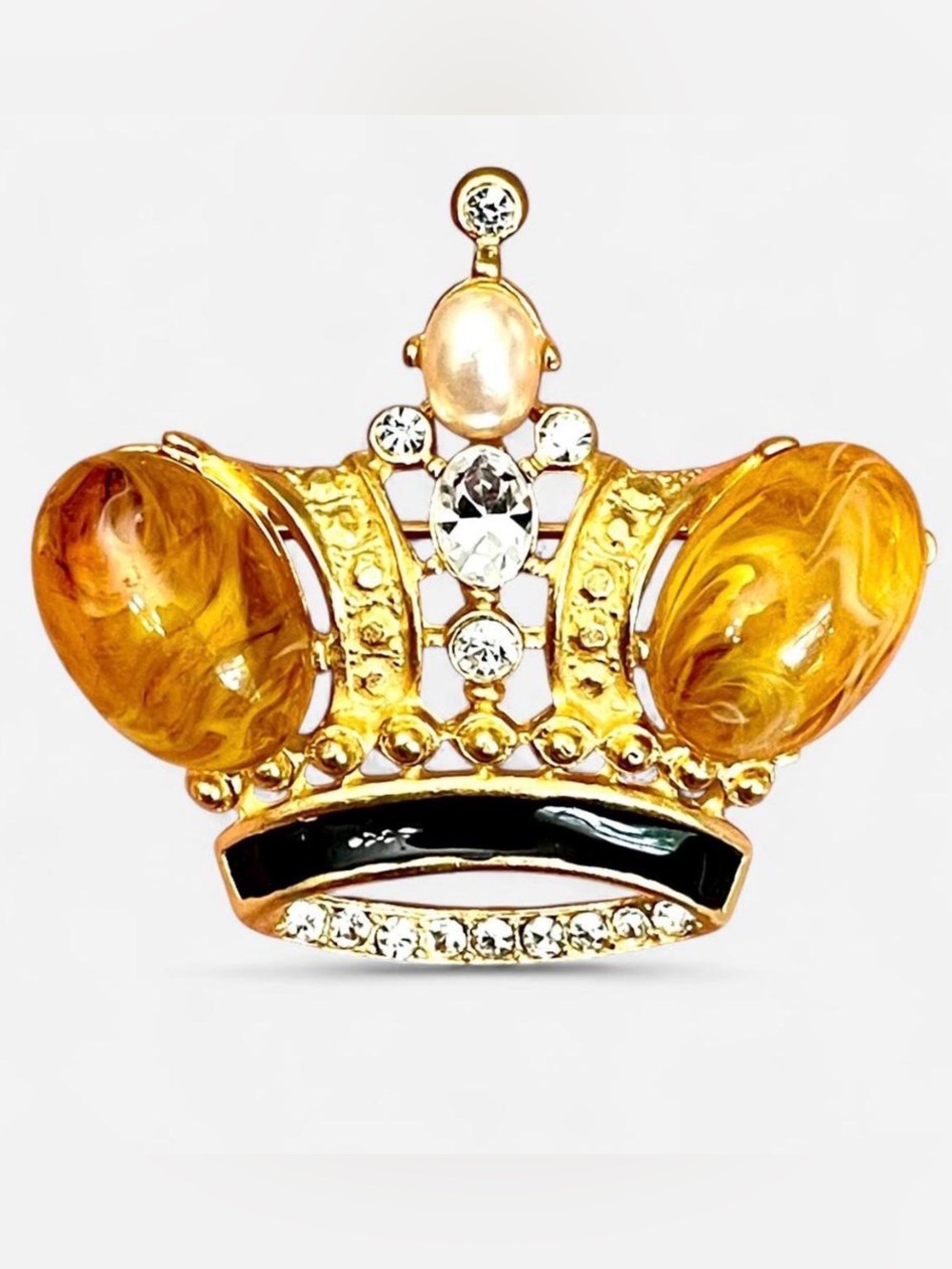 Vintage Coronation Crown Brooch Pin Amber Lucite Cabochons Rhinestone Faux Pearl - Picture 2 of 7